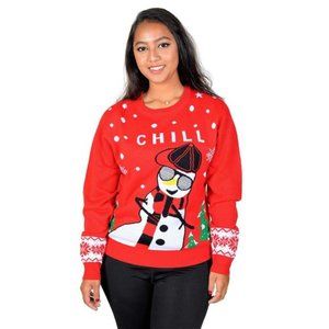 Cute Women's Chill Snowman Ugly Christmas Pullover Crew Neck Sweater